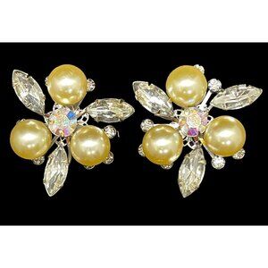 Vtg. Judy Lee Statement Rhinestone AB Crystal Faux Pearl Clip Earrings Signed